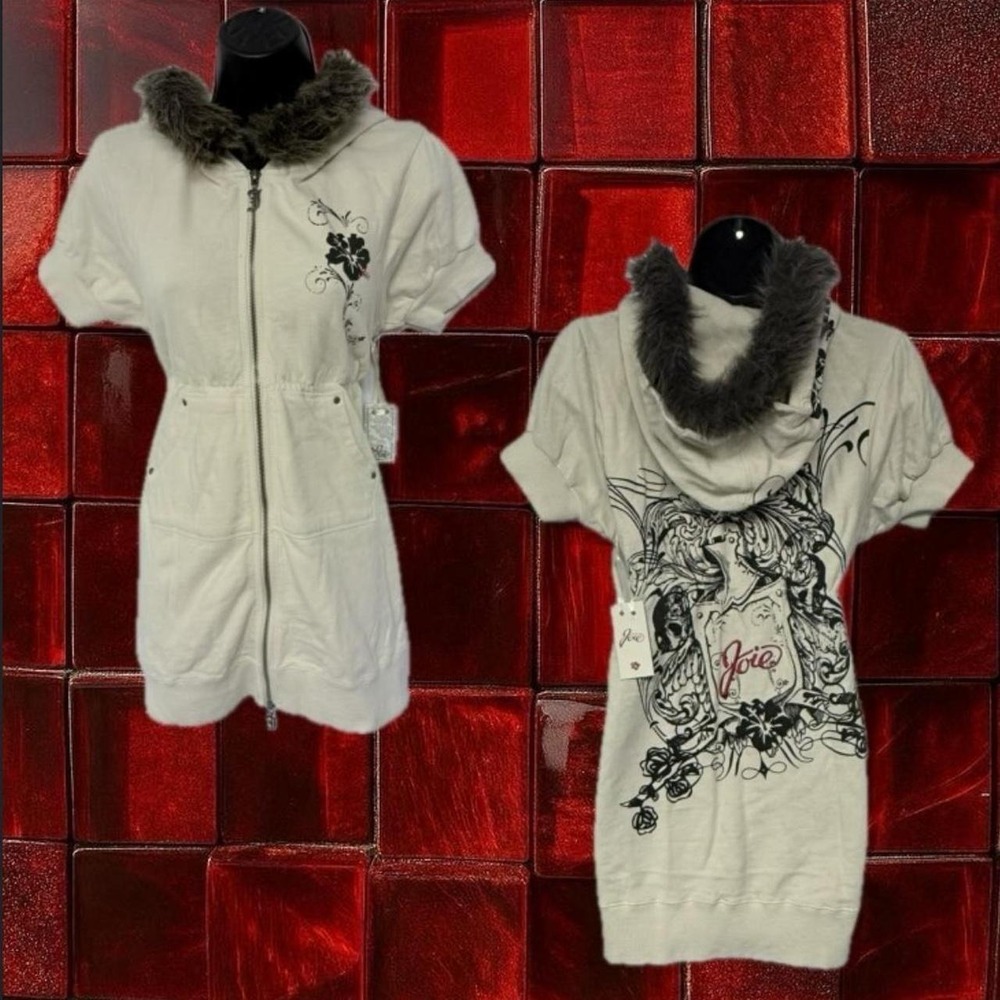 NWT Joie Womens Cream Cotton Graphic Short Sleeve Faux Fur Hoodie Size L Y2K